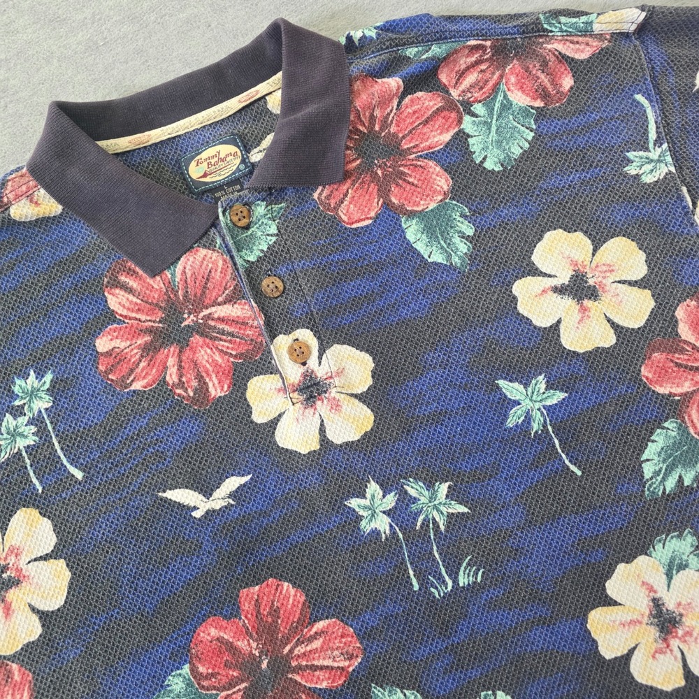 Tommy Bahama Mens Large Blue Tropical Hibiscus Floral Pique Polo Shirt Cotton